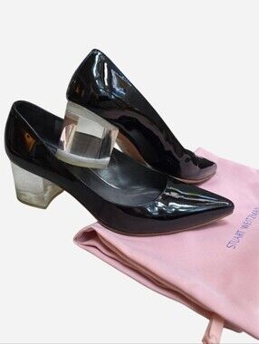 Stuart Weitzman Carole 50 Black Patent Pumps with 2" Clear Lucite Block Heel 6.5